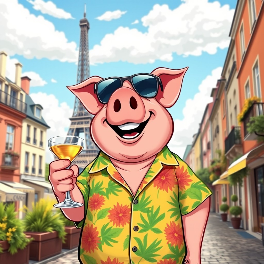 A humorous scene featuring a joyful, cartoonish pig enjoying a holiday in Europe