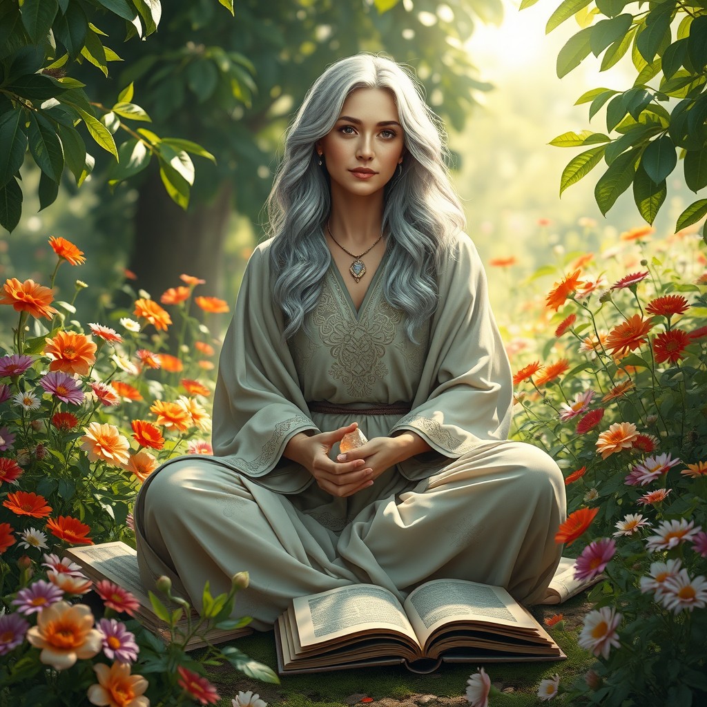 A wise woman depicted in a serene and tranquil setting, exuding wisdom and confidence