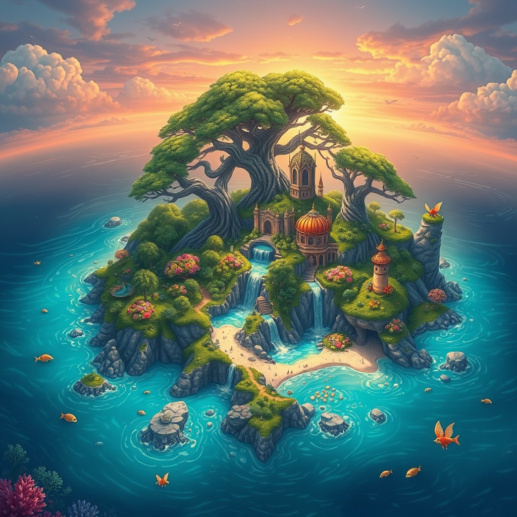 A beautifully illustrated map of a mystical island with a hidden kingdom of nymphs