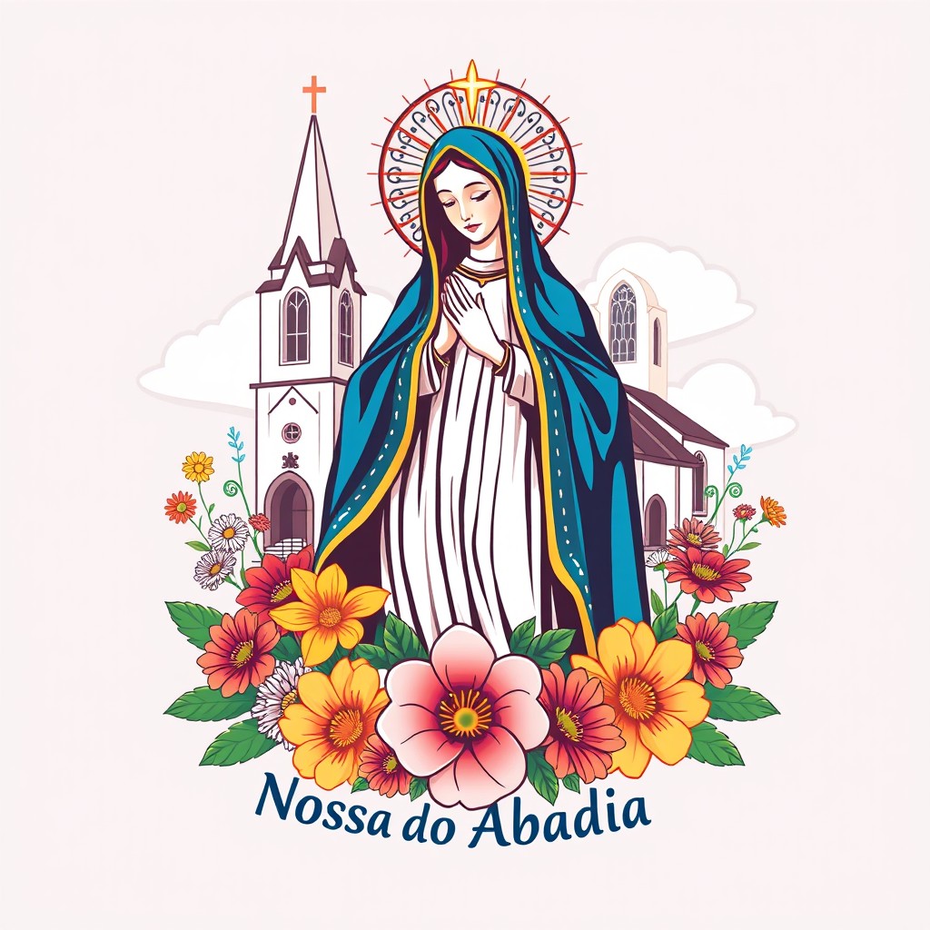 A beautifully designed t-shirt graphic for the pilgrimage of Nossa Senhora da Abadia, featuring a prominent, artistic representation of Nossa Senhora da Abadia surrounded by colorful flowers and traditional patterns