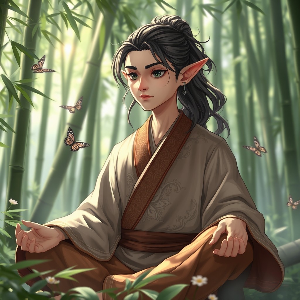 A half-elf monk, displaying a unique blend of human and elven features, such as pointed ears and graceful facial structure