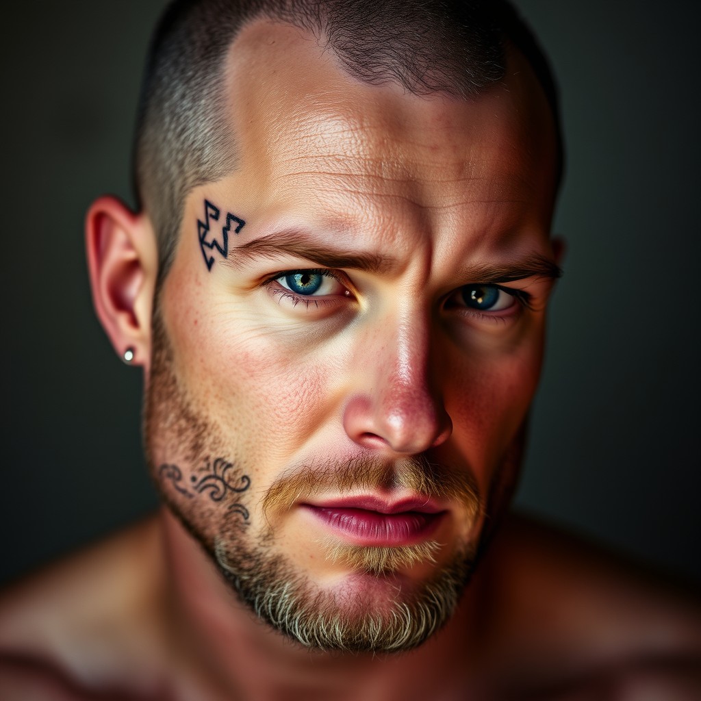 A portrait of a white man with tattoos on his ear and a scar on his left eyebrow