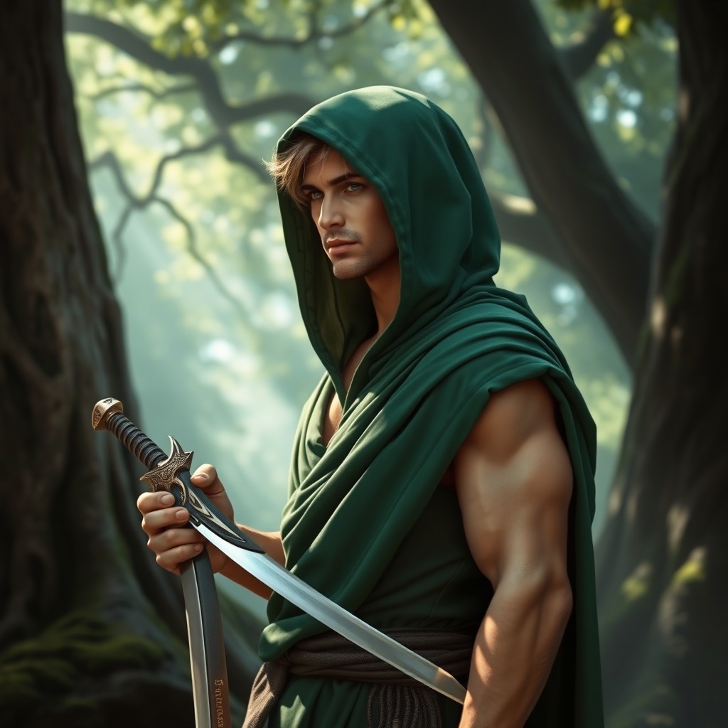A striking half-elf male monk in a flowing green hooded cloak, standing in a serene forest setting