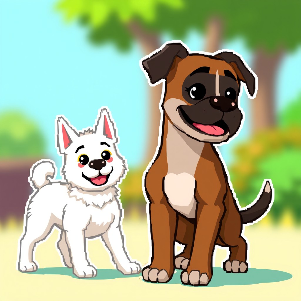 Two animated pixelated dog models: one is a white Alabai, and the other is a dark brown Boxer