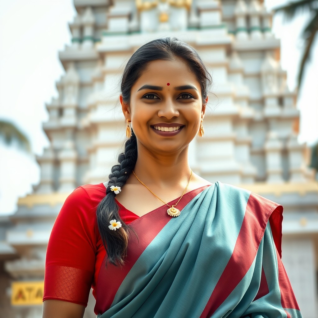 A beautiful Malayalam woman, aged between 40 to 45, stands in front of a traditional South Indian temple