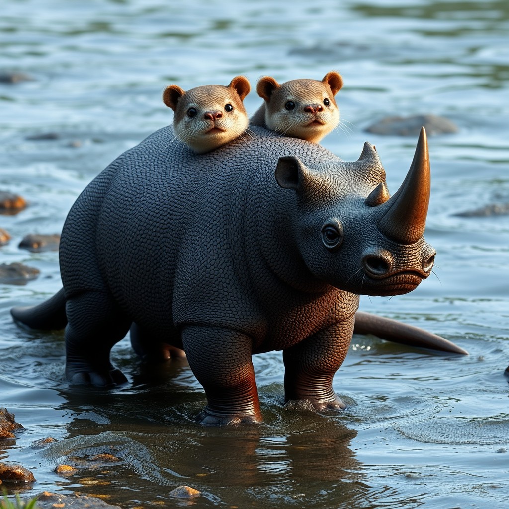 A fantastical creature known as a 'rhino otter with two heads and a tail', creatively combining the sturdy body of a rhinoceros with the playful, aquatic features of an otter