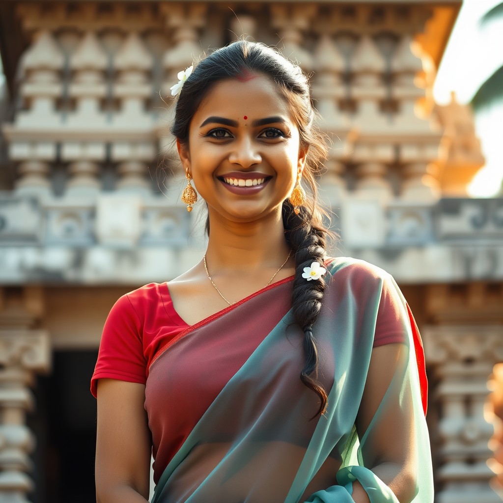 A beautiful Malayalam woman, aged between 40 to 45, stands in front of a traditional South Indian temple