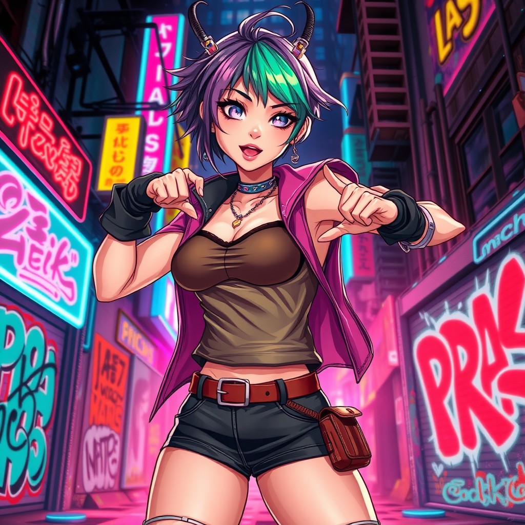 An edgy female character in a stylish, fashionable outfit showcasing high energy and attitude