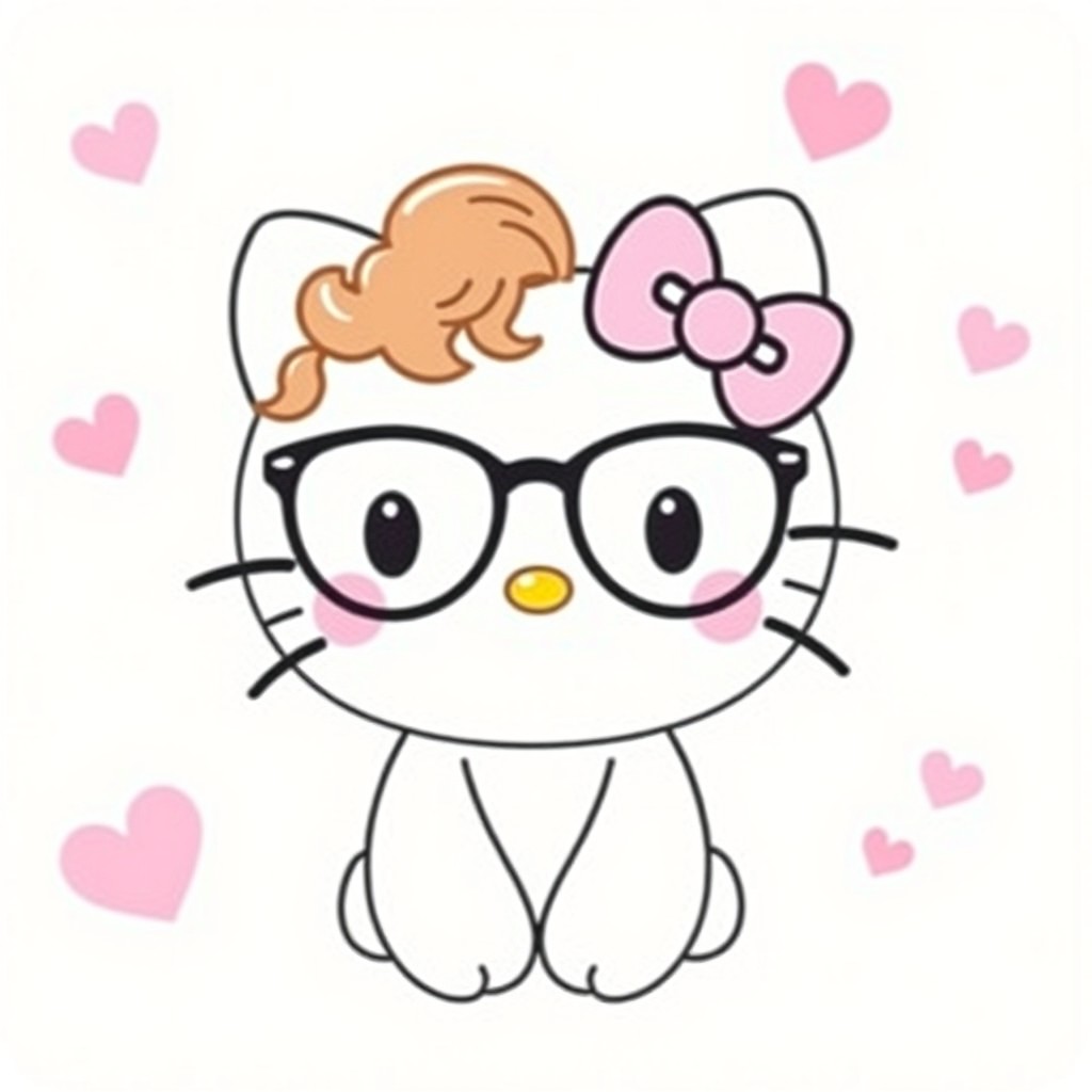 A white Hello Kitty character with curly 2B brown hair and thin glasses