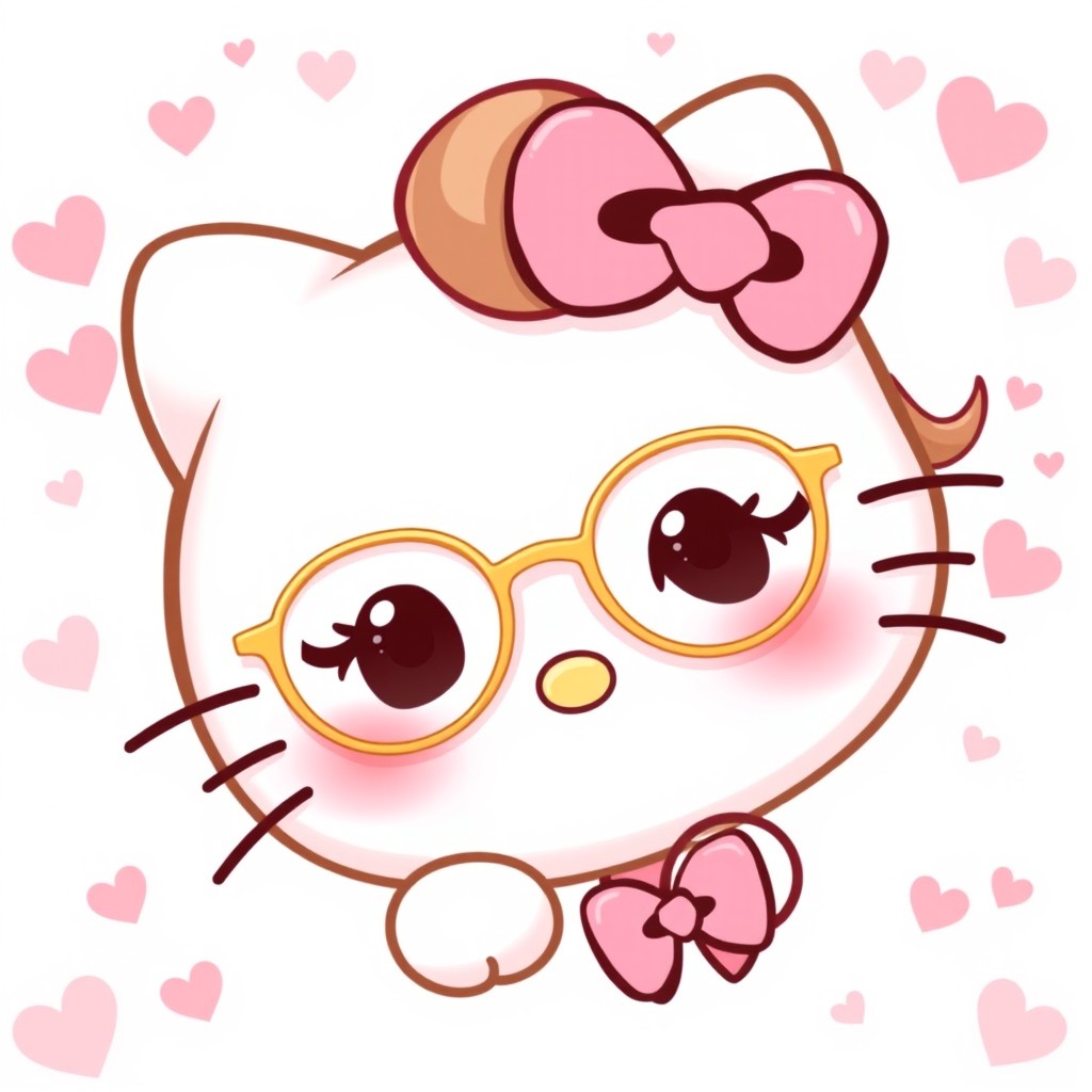 A white Hello Kitty character with curly 2B brown hair and thin golden glasses