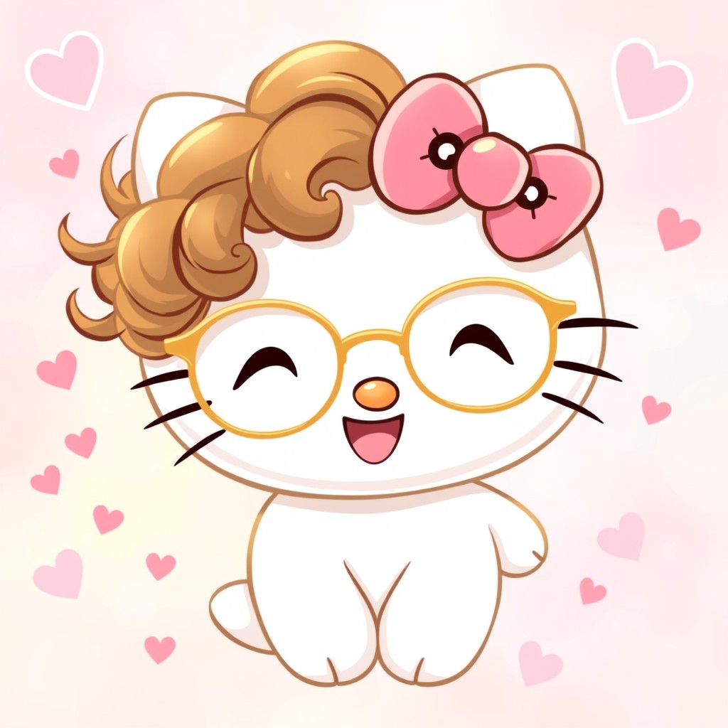 A white Hello Kitty character with curly 2B brown hair and thin golden glasses