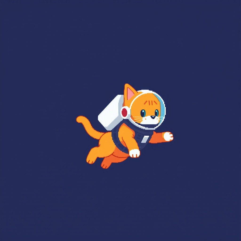 An orange astronaut cat pixel art sprite designed in a classic NES style, featuring a cute cat character wearing a space suit