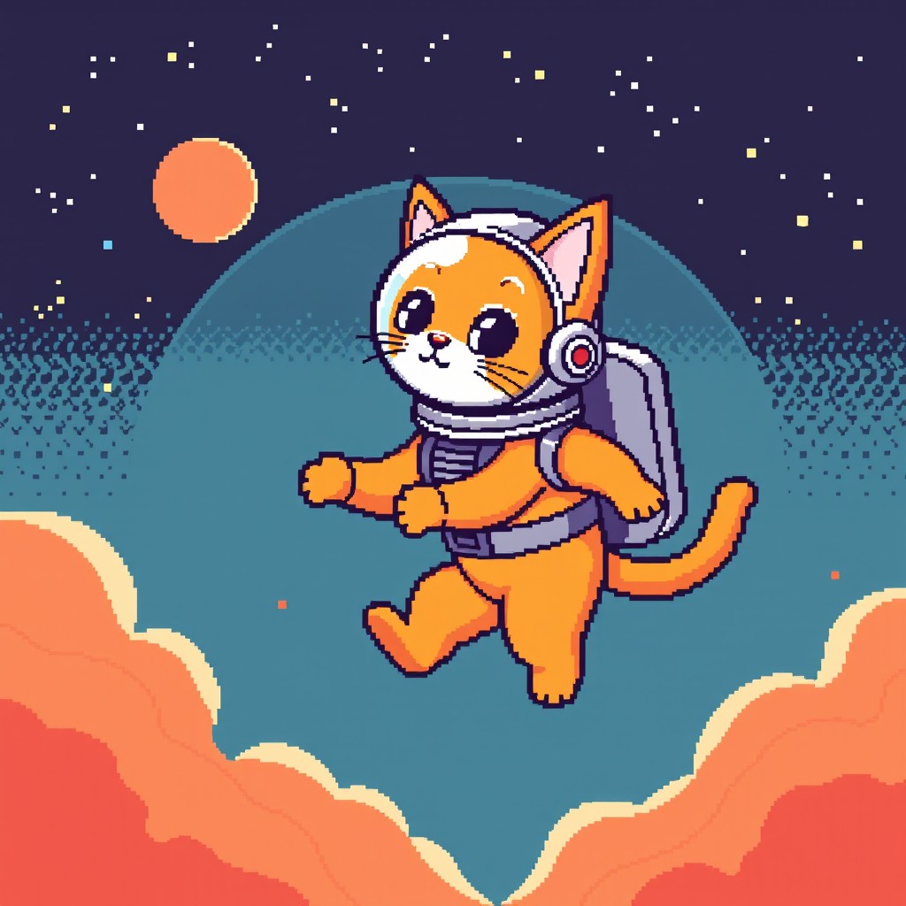 An orange astronaut cat pixel art sprite designed in a classic NES style, depicting a charming cat character in a space suit, floating in a zero-gravity environment towards the left