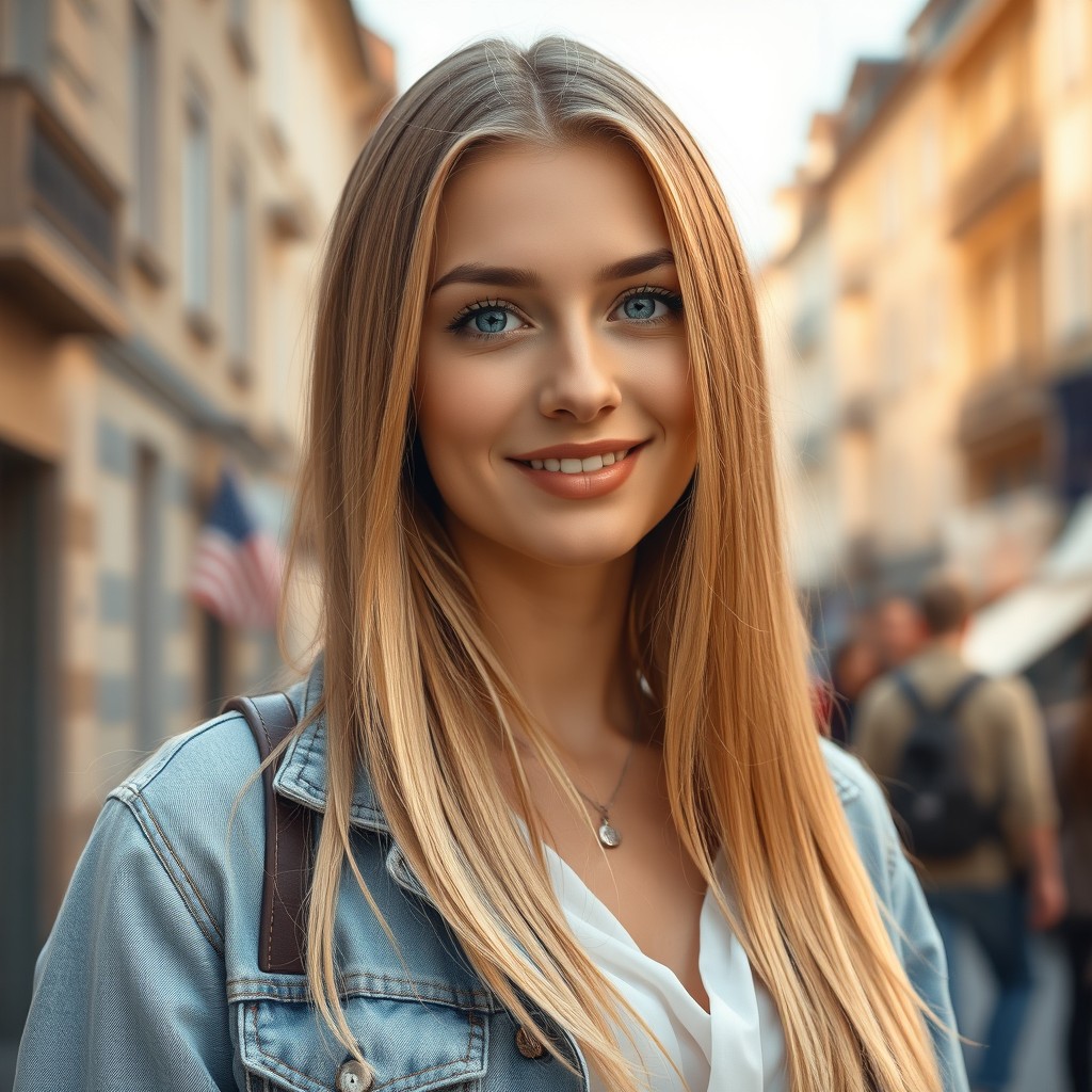 A 21-year-old European woman with long, straight blonde hair and fair skin, bright blue eyes, soft facial features, and a warm, friendly expression