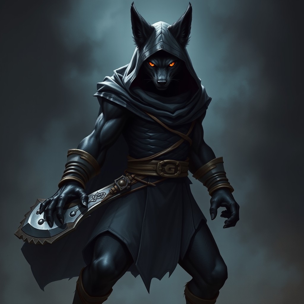 A tall and fit adult black werefox depicted in a serious and angry battle stance, showcasing his intense and focused expression