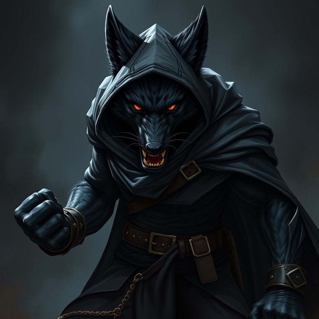 An imposing tall and fit adult black werefox captured in a fierce battle stance, growling with an intense expression that radiates seriousness and readiness