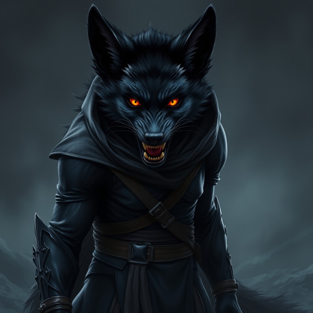 An imposing adult black werefox, tall and fit, captured in a fierce battle stance while growling, exuding a serious and intimidating presence