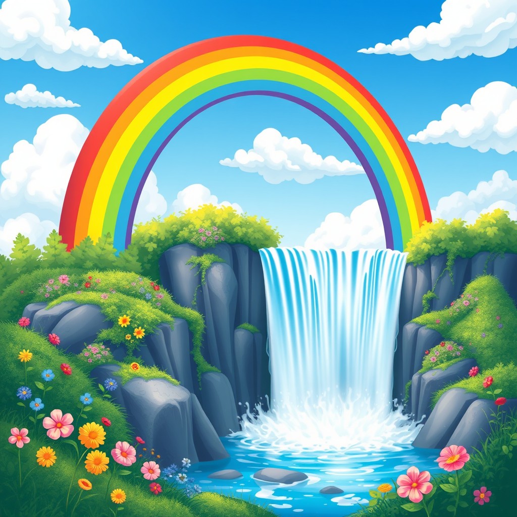 A vibrant scene depicting a stunning rainbow arching gracefully over a majestic waterfall, surrounded by lush greenery and colorful flowers