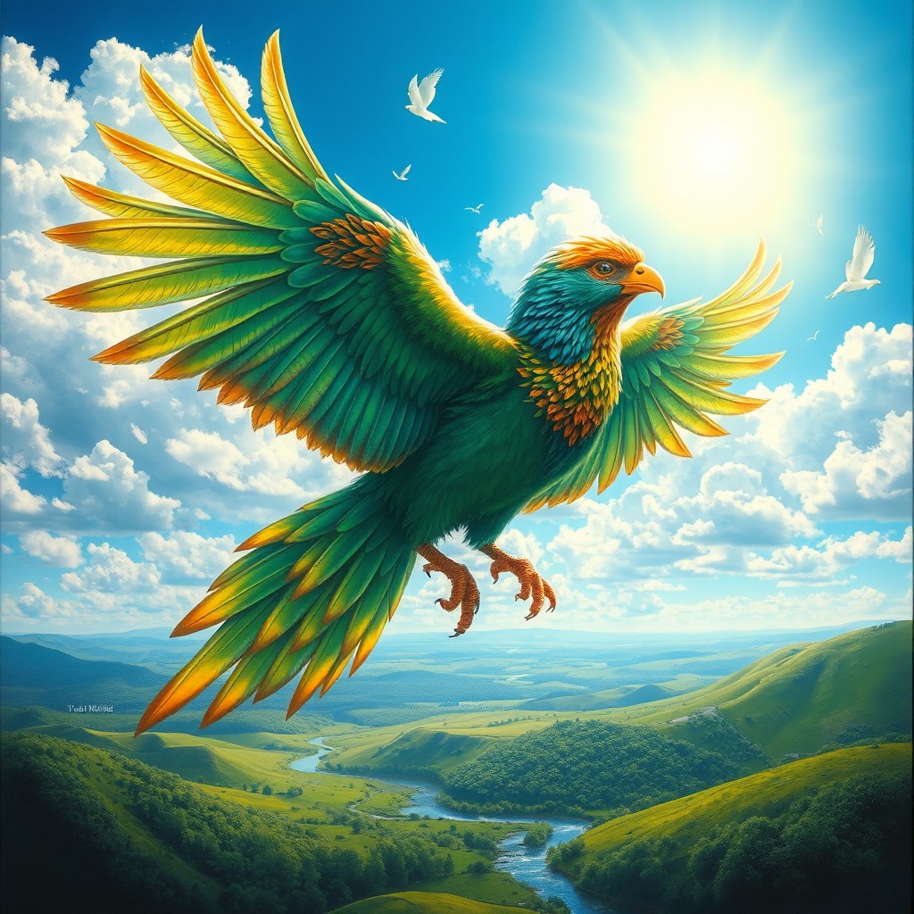 A beautifully detailed airbrush painting of a majestic petus (a mythical creature resembling a large bird with colorful feathers), soaring gracefully through a bright blue sky filled with fluffy white clouds