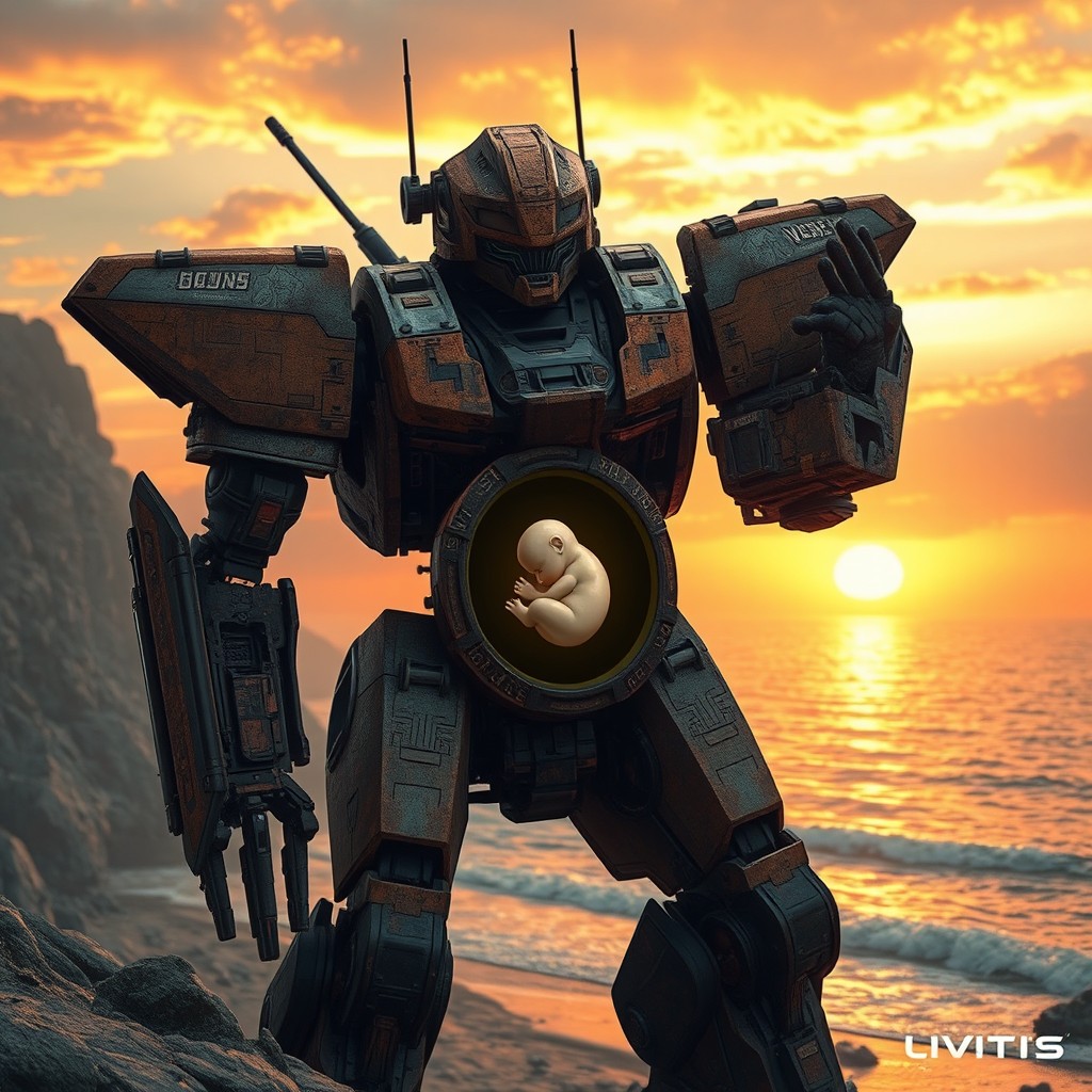 A futuristic scene featuring a raw, rusted mecha towering over a bay