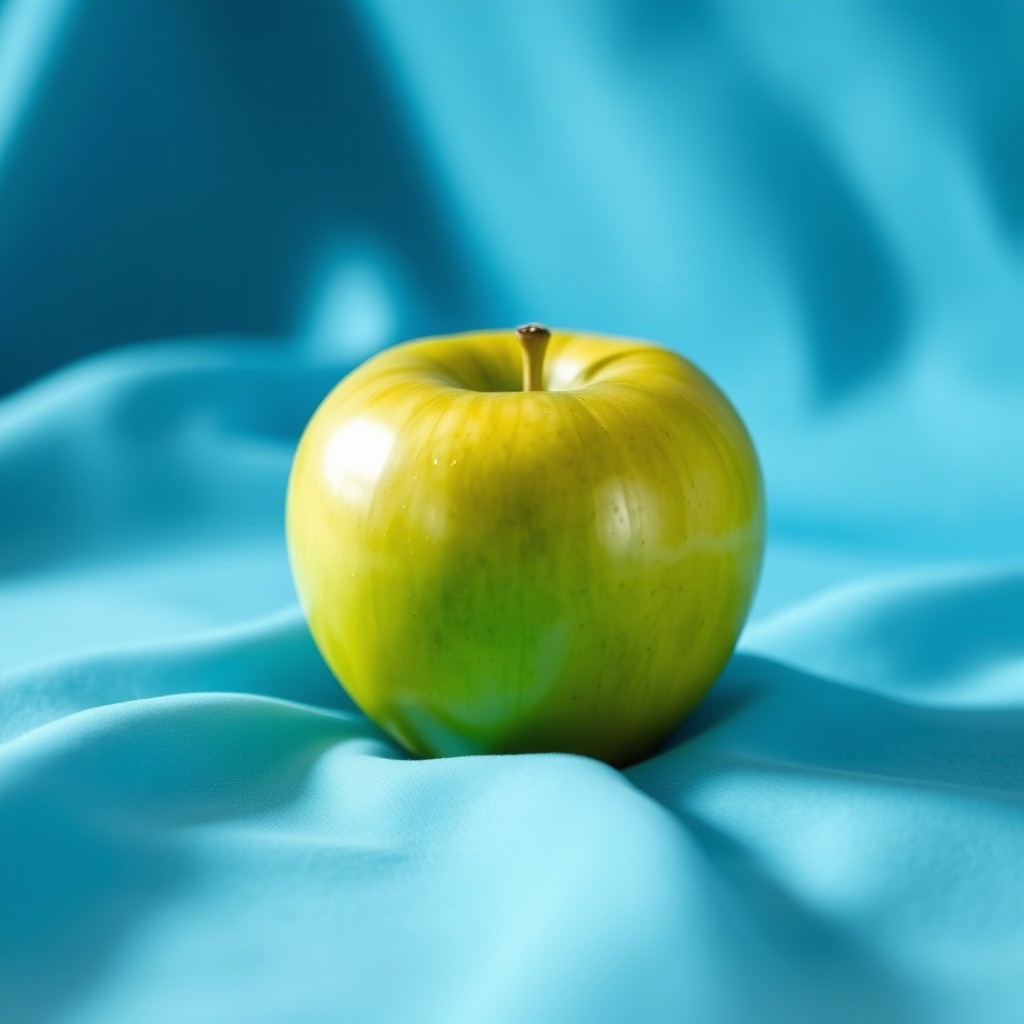 A vibrant green apple resting on a softly textured blue surface