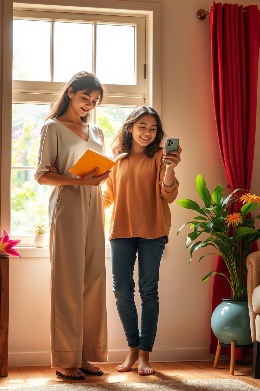 A warm and inviting indoor scene featuring two sisters standing side by side in a modest house