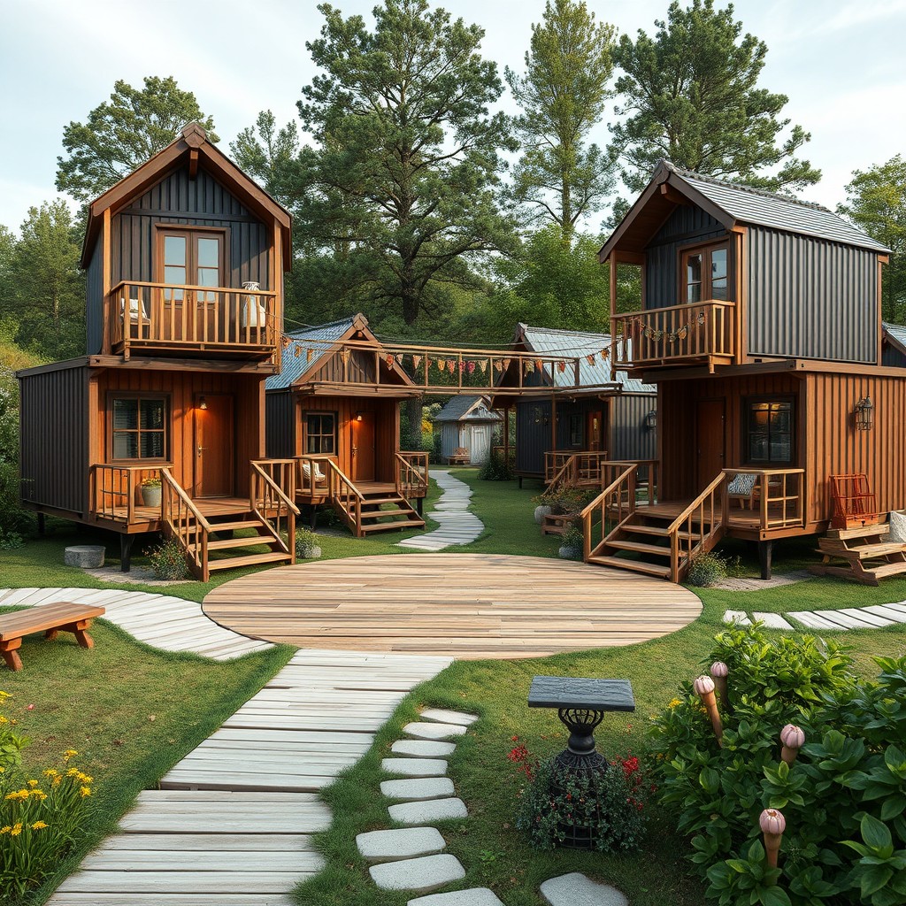 An ethno village design featuring at least four container houses raised 2 meters off the ground