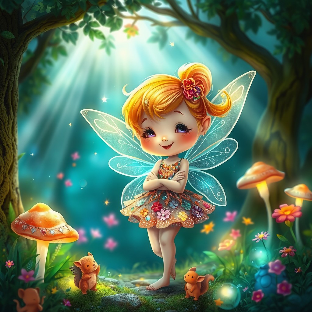 A whimsical scene featuring a cute fairy with delicate, shimmering wings and a joyful expression