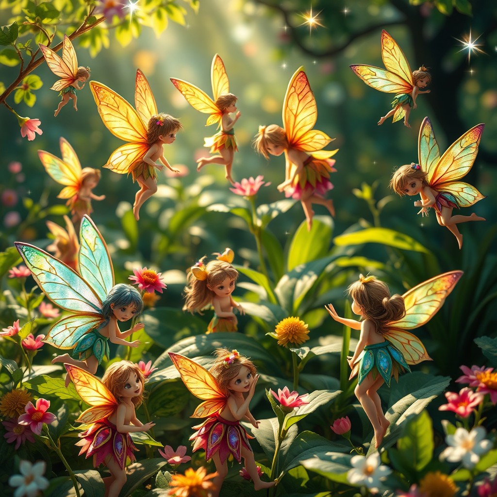 A delightful scene showcasing a variety of fairies, each unique and charming