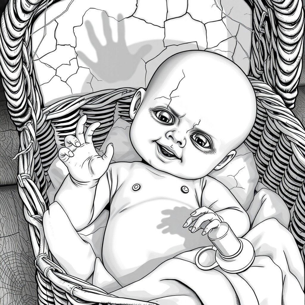 A creepy baby doll lying in an old, cracked wicker cradle