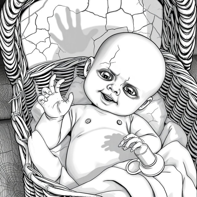A creepy baby doll lying in an old, cracked wicker cradle