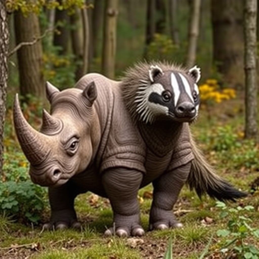 A fantastical creature known as a 'rhino badger with two heads and a tail', creatively combining the sturdy body of a rhinoceros with the compact, rugged features of a badger