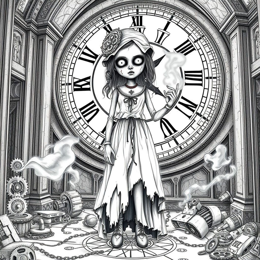 A haunting steampunk doll standing in the center of an abandoned clock tower, with a body made of cracked porcelain and rusted brass, featuring gears and mechanical joints