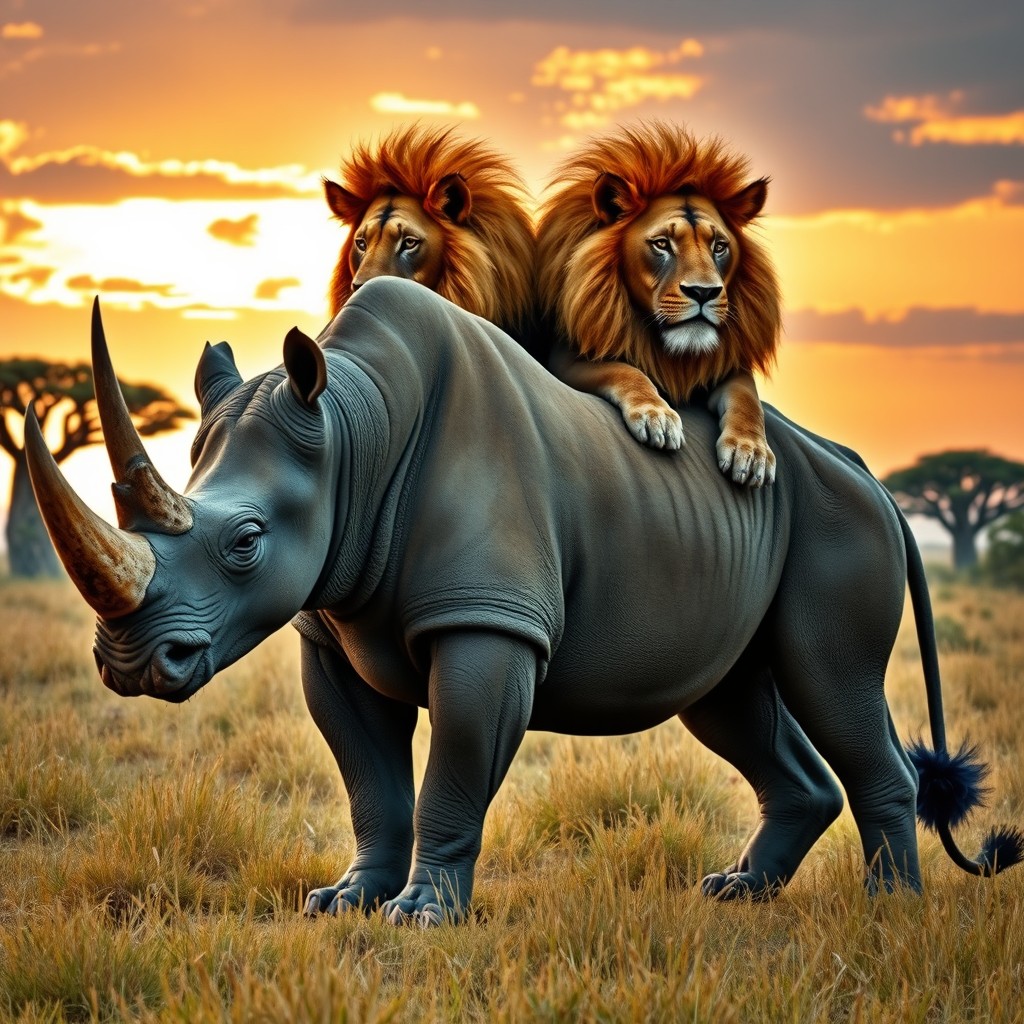 A majestic creature known as a 'rhino lion with two heads and a tail', imaginatively combining the robust body of a rhinoceros with the regal features of a lion