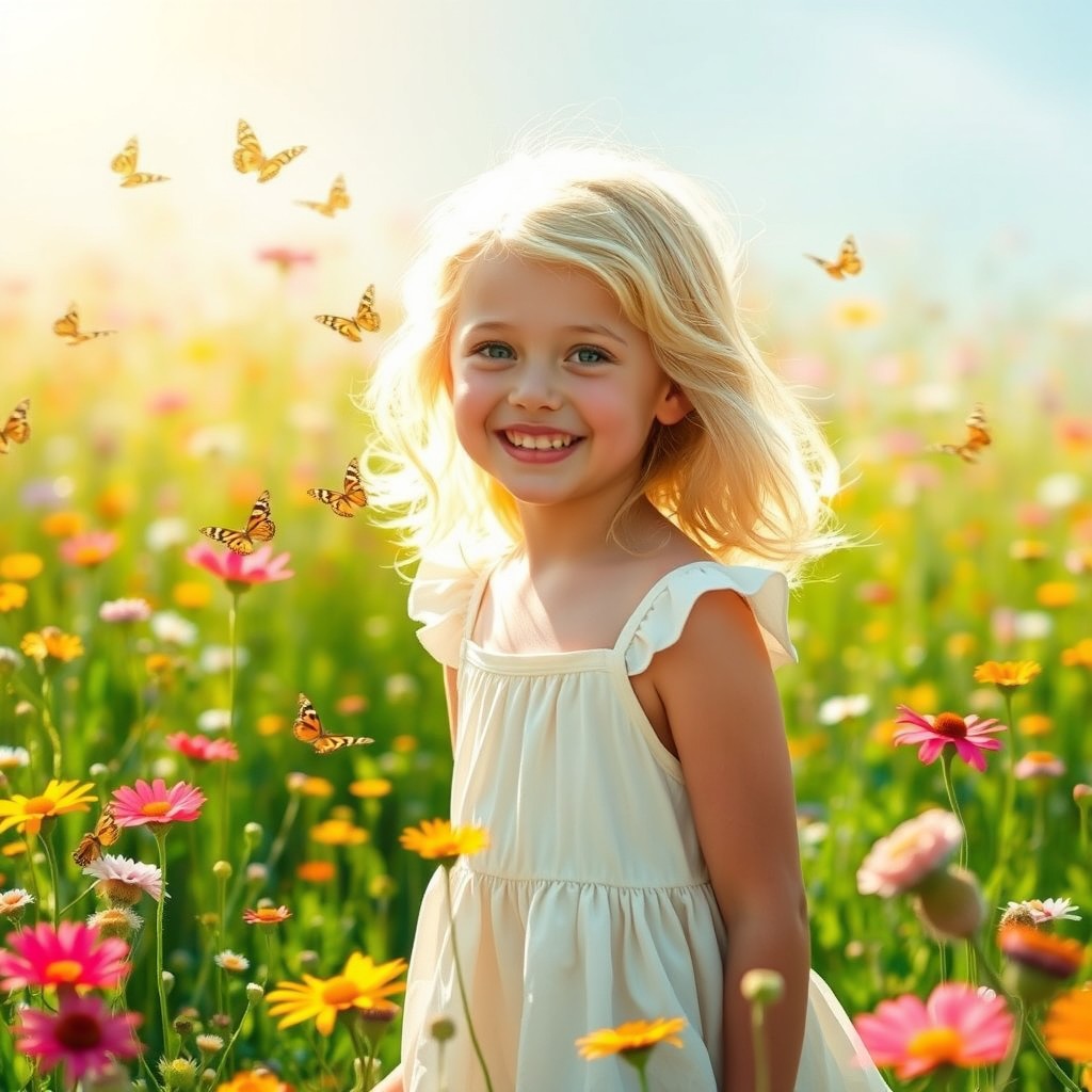 A young blonde girl with vibrant hair, smiling brightly, standing in a sunlit meadow filled with colorful wildflowers
