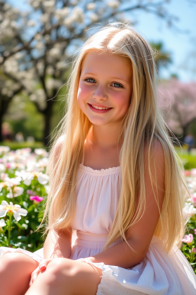 A beautiful blond girl with long, flowing hair, bright blue eyes, and a warm smile