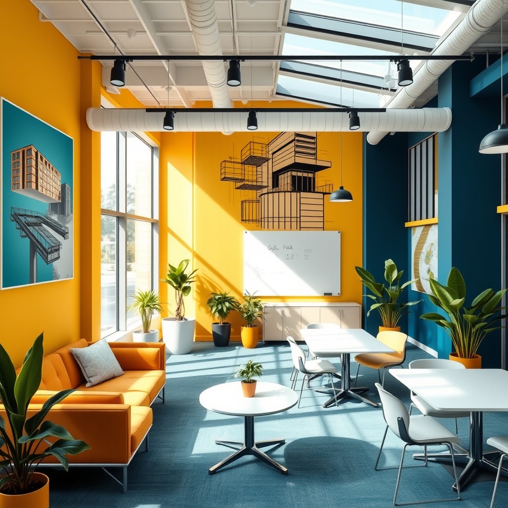 A vibrant and imaginative coworking space designed for a marketing team in an architecture company