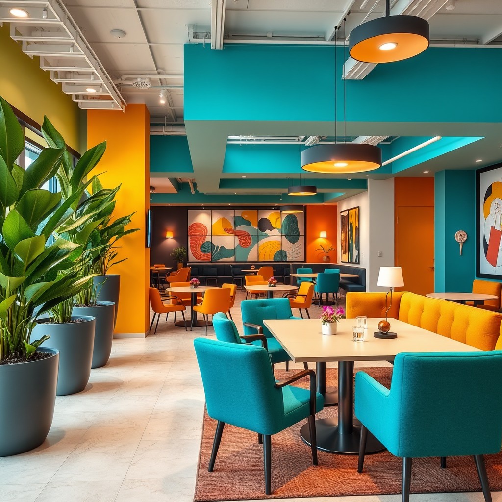 An interior design concept for a coworking space tailored for a marketing team, featuring vibrant yet sophisticated colors such as teal, mustard yellow, and deep orange accents