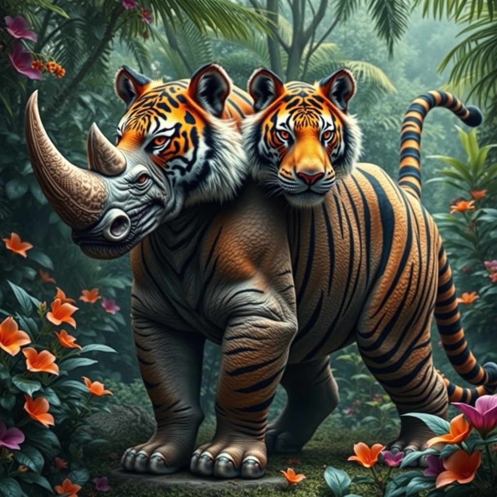 An imaginative creature known as a 'rhino tiger with two heads and a tail', combining the formidable body of a rhinoceros with the sleek, powerful features of a tiger