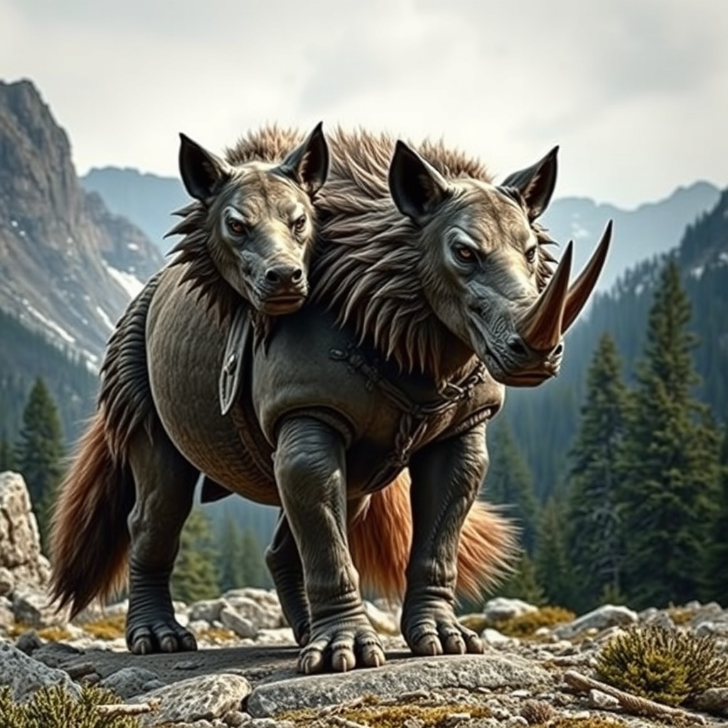 An extraordinary creature known as a 'rhino wolf with two heads and a tail', blending the powerful physique of a rhinoceros with the agile and cunning features of a wolf