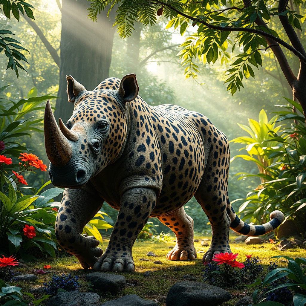 An extraordinary creature known as a 'rhino leopard with two heads and a tail', blending the robust and powerful physique of a rhinoceros with the sleek and agile features of a leopard