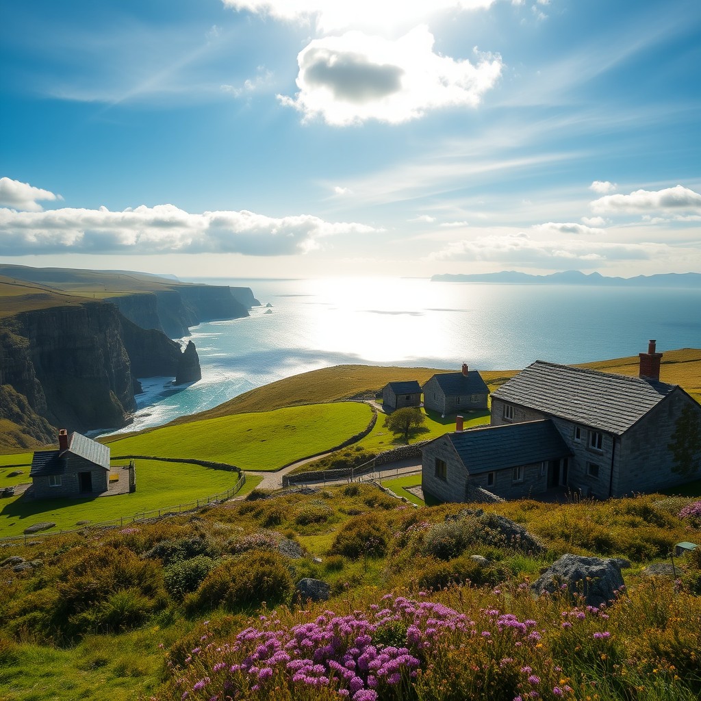 A stunning landscape of Galicia, Spain, featuring the rugged coastline with dramatic cliffs and the Atlantic Ocean crashing against them