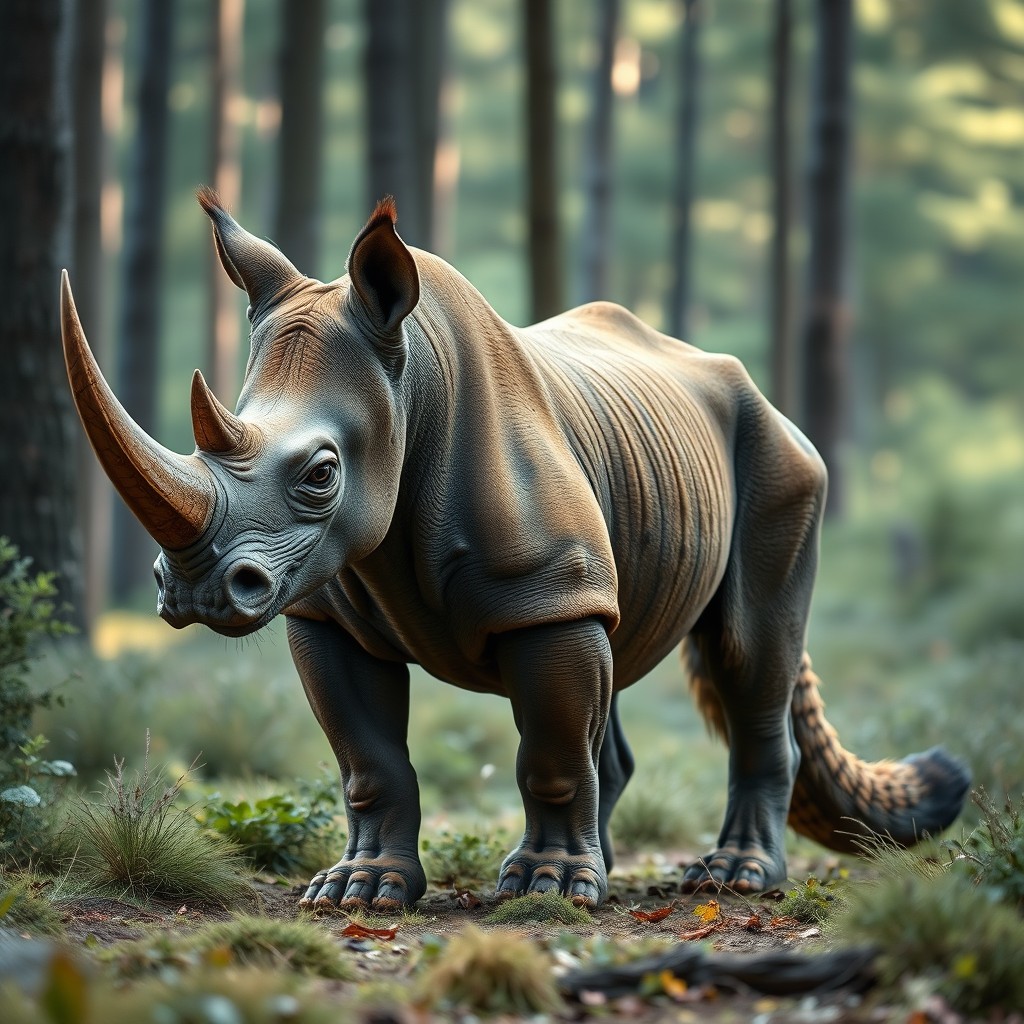 An imaginative creature known as a 'rhino lynx with two heads and a tail', blending the formidable body of a rhinoceros with the sleek, stealthy features of a lynx