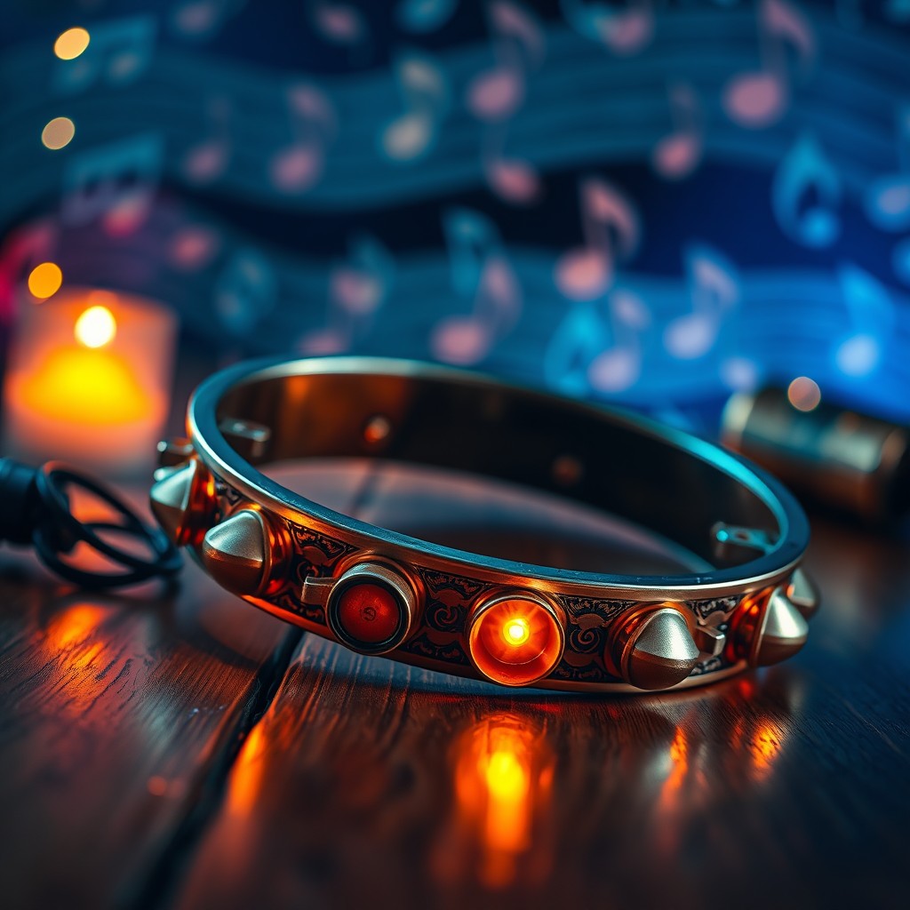 A beautifully crafted tambourine lying on a wooden surface, featuring intricate designs on its frame