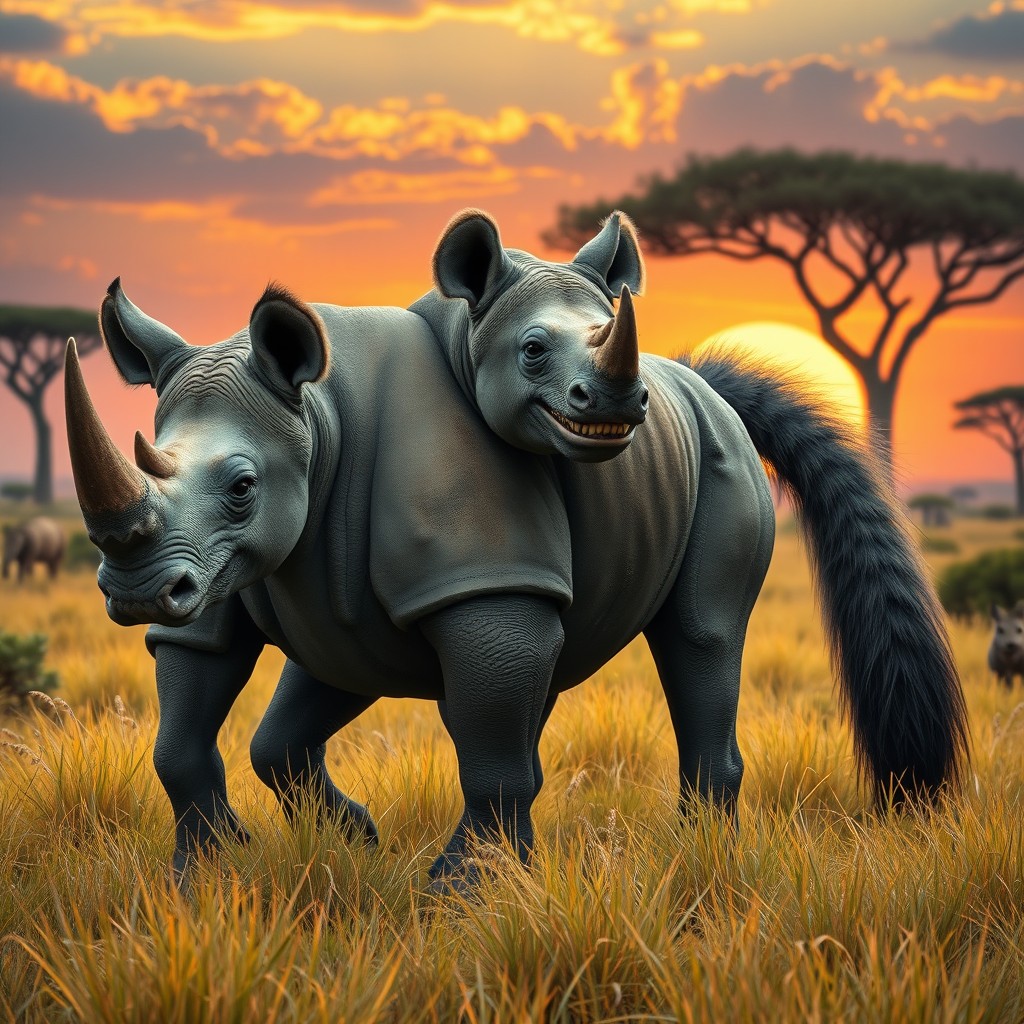An imaginative creature known as a 'rhino hyena with two heads and a tail', merging the formidable build of a rhinoceros with the cunning and playful nature of a hyena