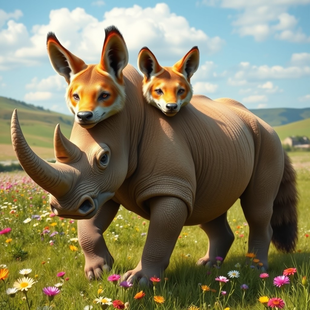 An imaginative creature known as a 'rhino fox with two heads and a tail', combining the robust and sturdy body of a rhinoceros with the cunning and playful features of a fox