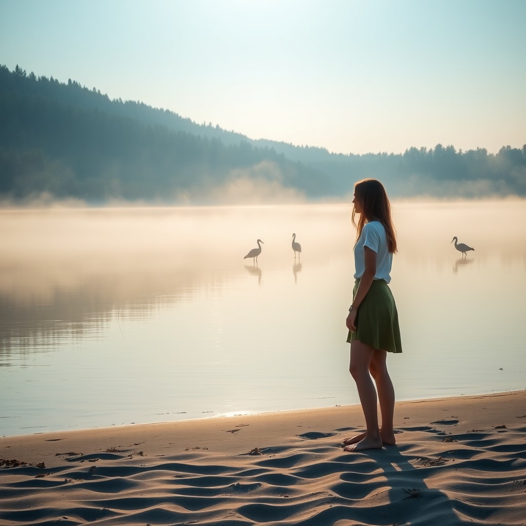 A serene lakeside scene at dawn, surrounded by lush green forests