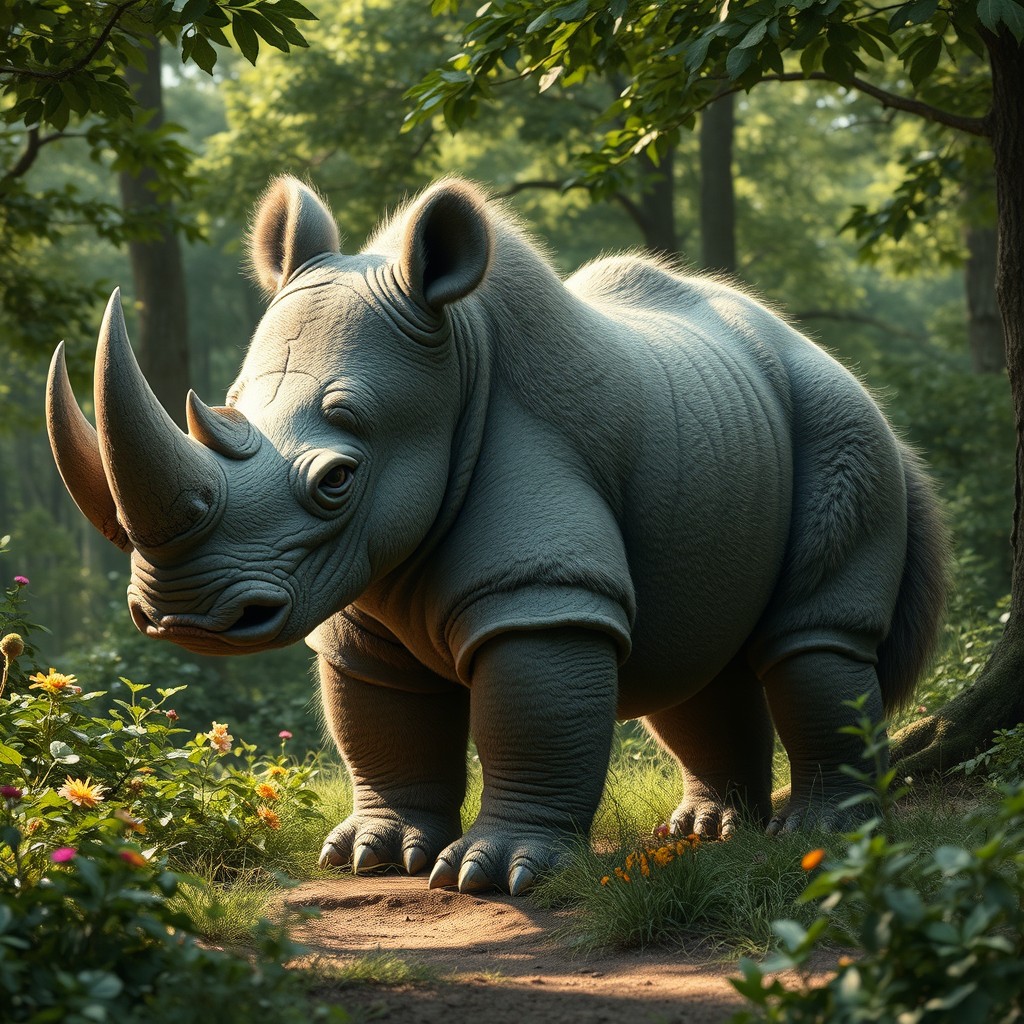 An imaginative creature known as a 'rhino bear with two heads and a tail', merging the robust physique of a rhinoceros with the fuzzy, powerful features of a bear