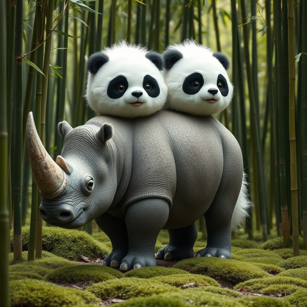 An imaginative creature known as a 'rhino panda with two heads and a tail', blending the robust form of a rhinoceros with the adorable features of a panda