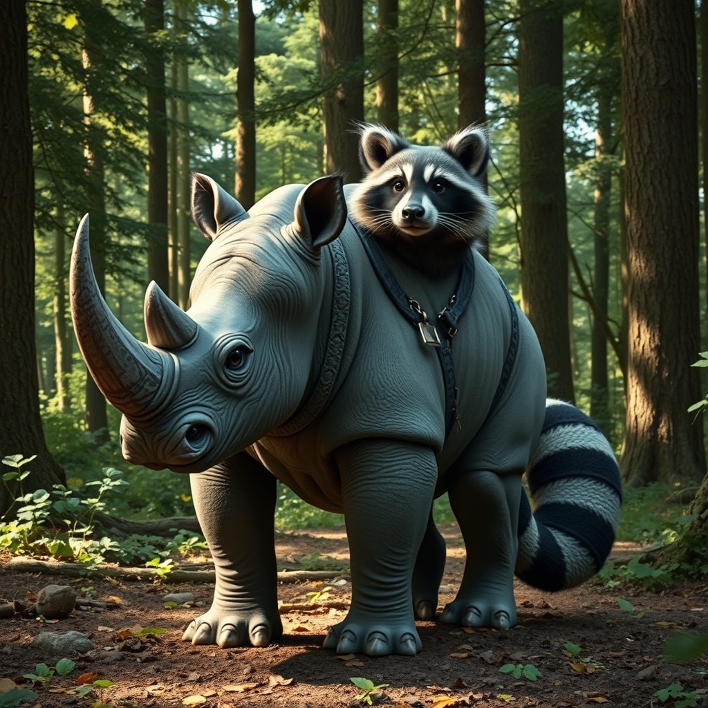 An imaginative creature known as a 'rhino raccoon with two heads and a tail', merging the sturdy, powerful body of a rhinoceros with the playful, mischievous characteristics of a raccoon